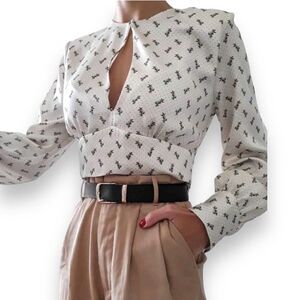 ZARA L SATIN SHOULDER PAD BLOUSE FLORAL & DOTS CREAM SLIT SEXY CROP BLOGGERS NEW